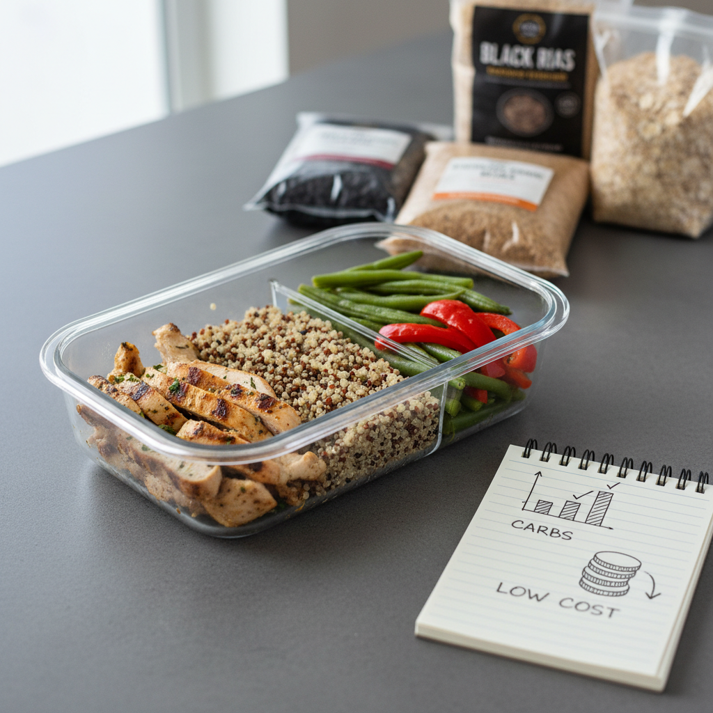 A photographic, close-up shot of a single fitness-focused meal prep container on a matte gray countertop. The clear, rectangular container is neatly divided: one section holds grilled chicken breast strips with visible grill marks, another has fluffy quinoa, and a third is piled with steamed green beans and bright red bell pepper slices. Printed-style icons on a nearby notepad show macro info—tiny bar-graph shapes for protein, carbs, and fats, and a small coin stack icon hinting at low budget cost. A few supermarket-style ingredient packages, like dried beans and rice, sit softly blurred in the background to emphasize accessible ingredients. Cool, diffused daylight from a side window highlights textures and colors, creating a clean, modern, energetic atmosphere. Captured at a slightly elevated three-quarter angle with crisp focus on the container.
