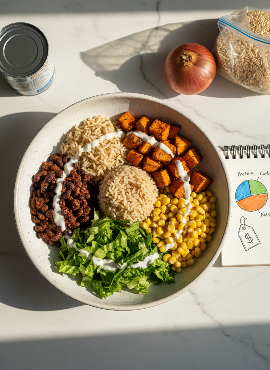 A vibrant photographic top-down image of a budget-friendly vegetarian macro bowl arranged in a wide, shallow stoneware bowl on a white kitchen counter. The bowl is divided into tidy segments: seasoned black beans, roasted sweet potato cubes, bright corn, chopped lettuce, and a scoop of brown rice, all drizzled lightly with yogurt sauce. Next to the bowl, a small notepad displays a simple pie-chart style macro breakdown made of colored shapes, and a tiny price-tag icon hints at affordability. Surrounding the bowl are a few raw ingredients—an onion, a can of beans, a bag of rice—showing how accessible the meal is. Soft morning window light from the left casts gentle shadows and enhances the vibrant colors, creating a playful yet clean atmosphere. Shot with a shallow depth of field and centered composition to keep the bowl as the star.